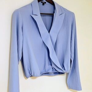 Express Powder Blue Cropped Wrap Blouse | Long Sleeve Lapel Top Small